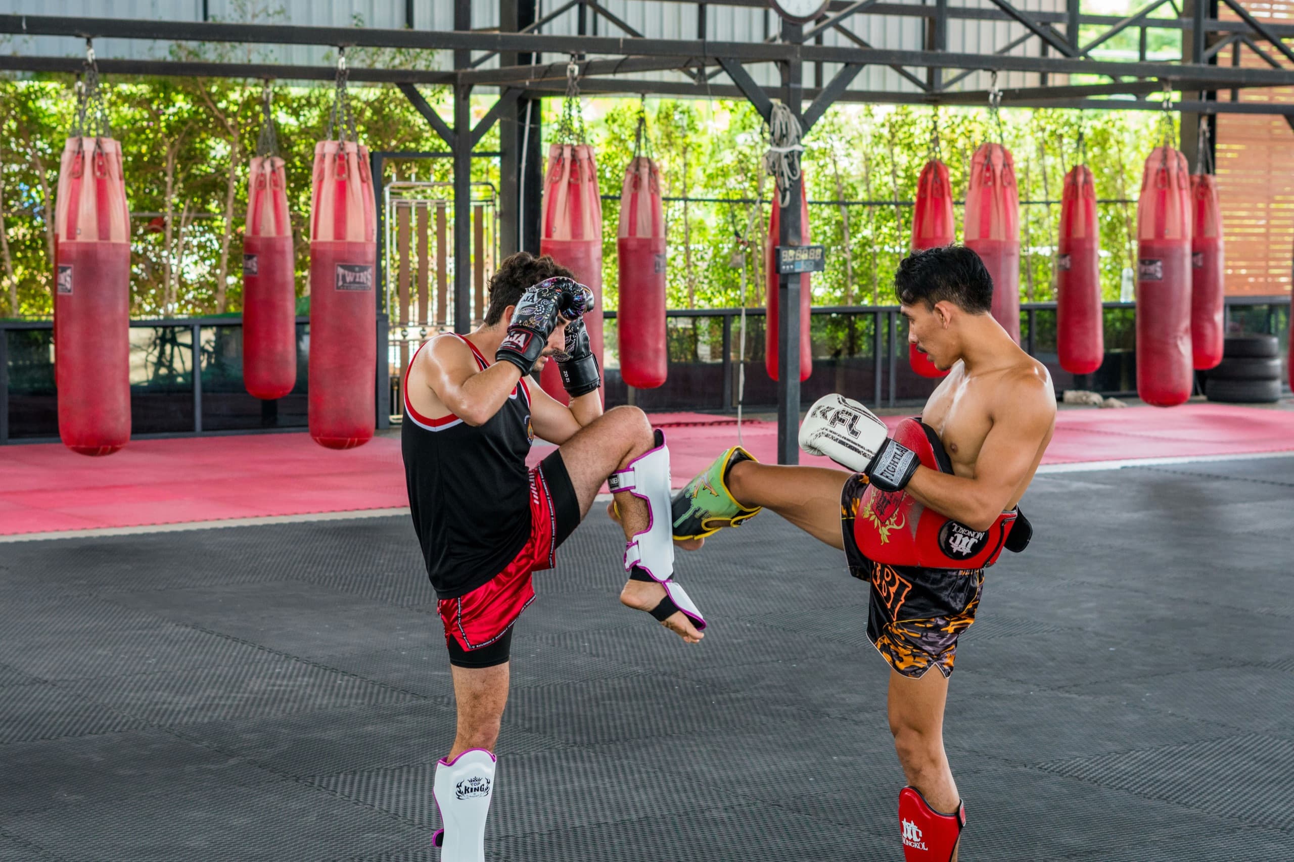 Two training partners working Thai pads